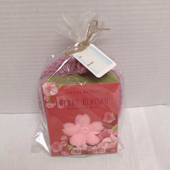 CHERRY BLOSSOM Soap with Crochet Scrubbie Washcloth Gift Set 5 inch Round - Picture 2 of 9